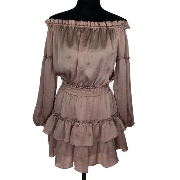 Misa Los Angeles Dresses & Skirts - Misa Los Angeles Off Shoulder Ruffle Layered Pink Satin Dress Long Sleeve